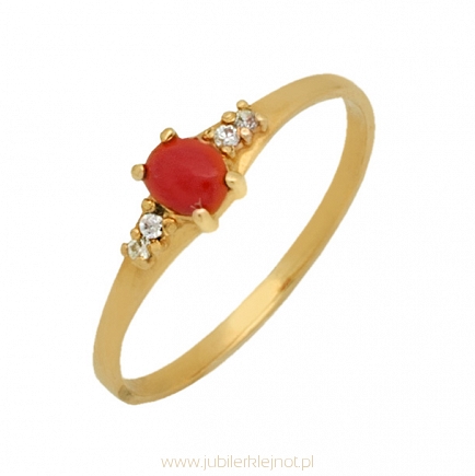 Pierścionek złoty próby 585 z koralem i cyrkoniami