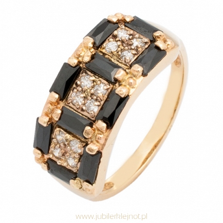Pierścionek złoty z cyrkoniami i onyksami próba 585